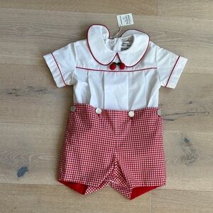 New handmade Cherry Thomas Suit in Red White Gingham Baby Romper sz 3 boys